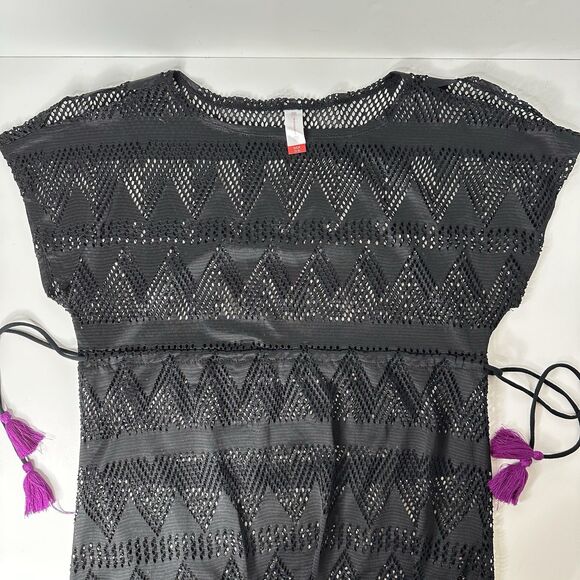 No Boundaries Black Mesh Swim Coverup Sz S Pullover Drawstring Tassel Beach NoBo - Picture 8 of 13